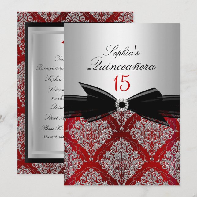 Red Damask Bow Quinceanera Announcements (Front/Back)