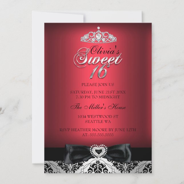 Red Damask & Bow Sweet Sixteen Invitation (Front)