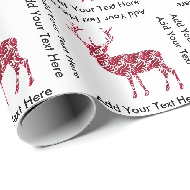 Red Damask Christmas Deer Wrapping Paper (Roll Corner)