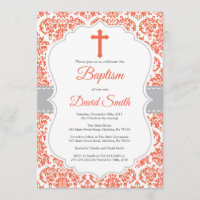 Red Damask Cross Baptism Invitation