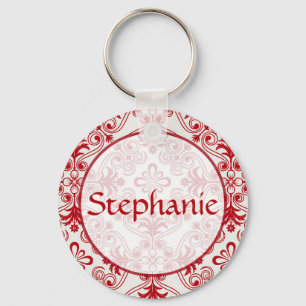 Red Damask Customizable Name Button Keychain