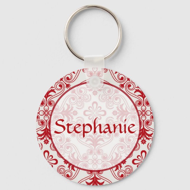 Red Damask Customizable Name Button Keychain (Front)