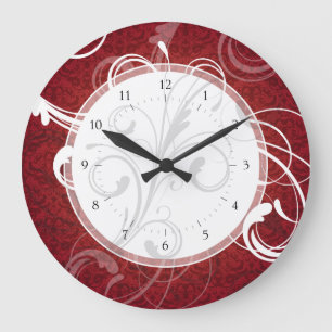 Red Damask Elegant Swirls Large Clock