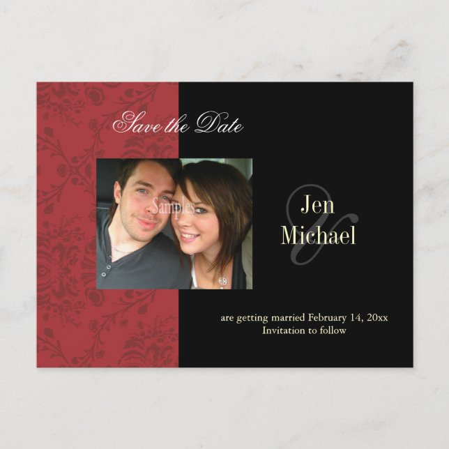 Red Damask Enregistrer la date Photo cartes postal (Devant)