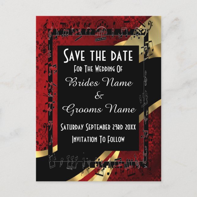 Red damask gold and black save the date announcement postcard (Front)