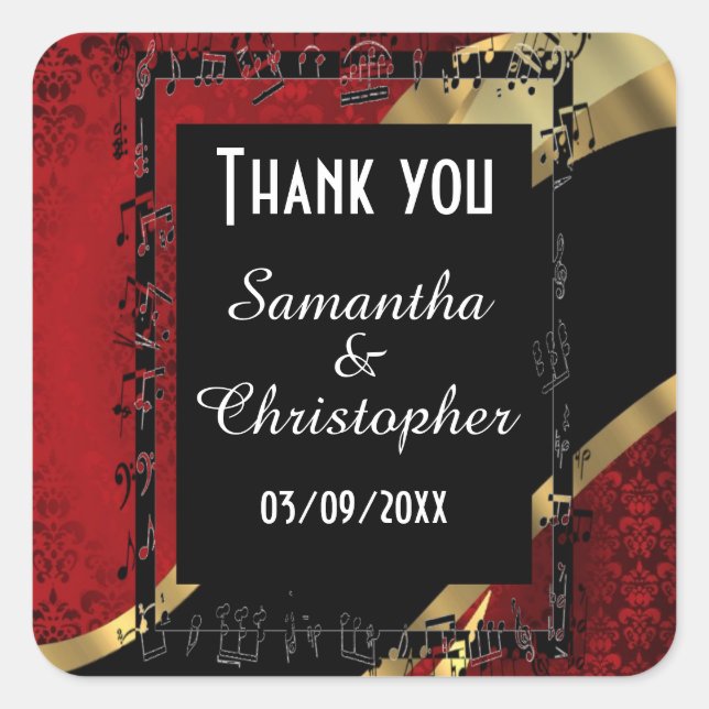 Red damask gold and black thank you square sticker (Front)