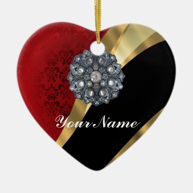 Red damask & gold ceramic ornament (Front)