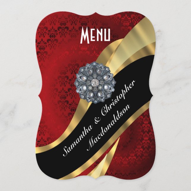 Red damask gold elegant formal wedding menu (Front)
