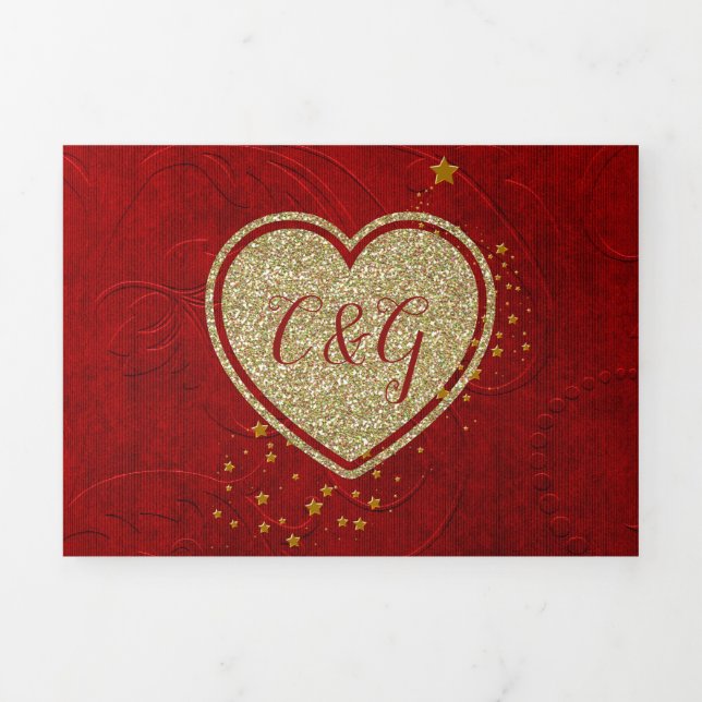 Red Damask Gold Heart All in One Wedding   Tri-Fold Invitation (Cover)