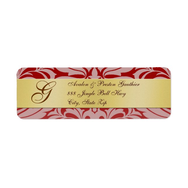 Red Damask Gold Monogram Christmas Address Labels (Front)
