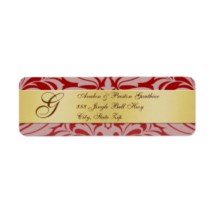 Red Damask Gold Monogrammes Étiquettes de adresse 