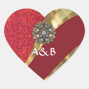 Red damask & gold swirl heart sticker