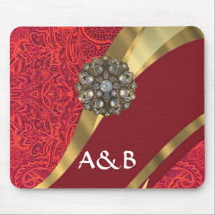 Red damask & gold swirl mouse pad