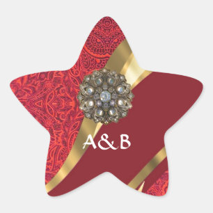 Red damask & gold swirl star sticker