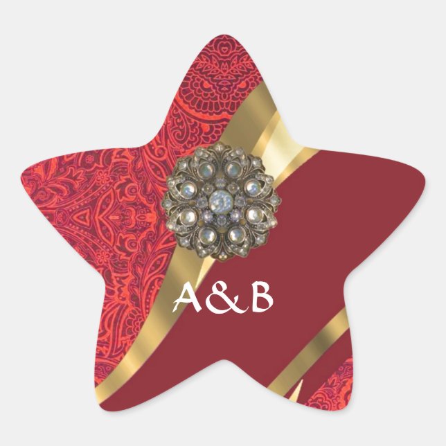 Red damask & gold swirl star sticker (Front)