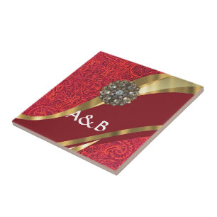 Red damask & gold swirl tile