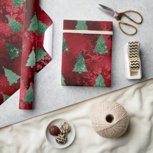 Red Damask Green Metallic Christmas Holiday Wrapping Paper
