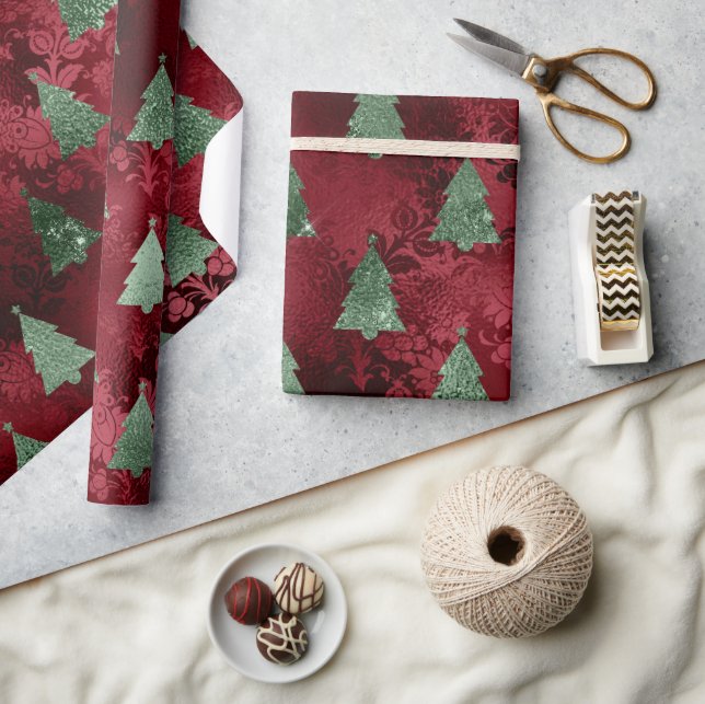 Red Damask Green Metallic Christmas Holiday Wrapping Paper (Crafts)