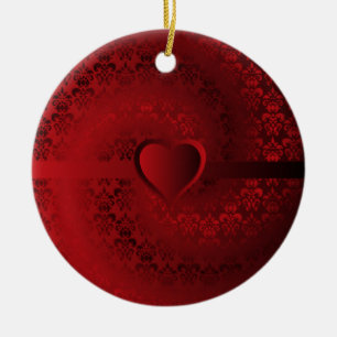 Red damask heart ceramic ornament