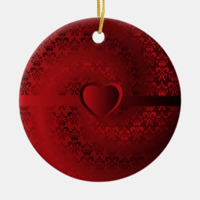 Red damask heart ceramic ornament (Front)