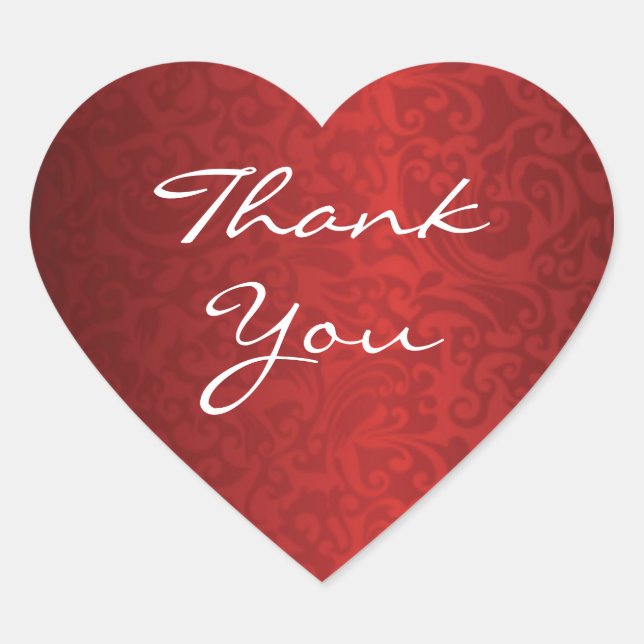 Red damask heart shaped Thank You Sticker (Front)
