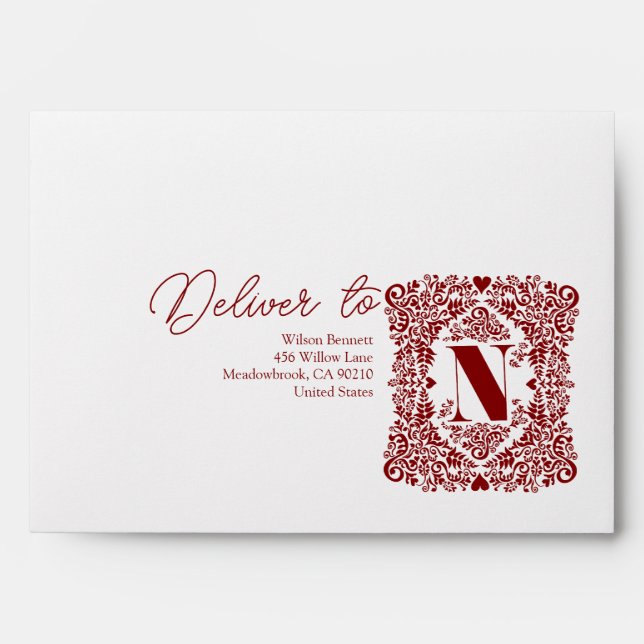 Red Damask Initial N Enveloppe moderne (Devant)