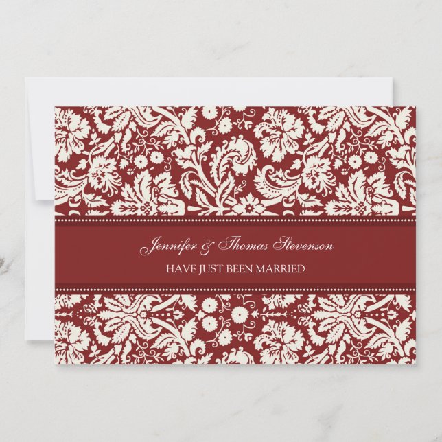 Red Damask Just Married Announcement Cards (Front)