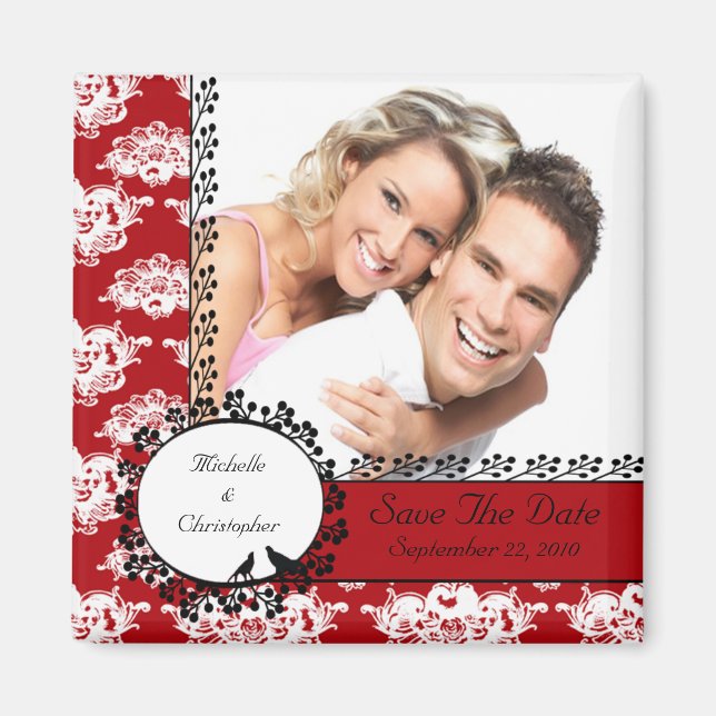 Red Damask Love Birds Photo Save The Date Magnet (Front)