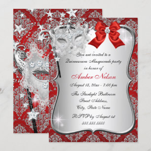 Red Damask Mask Quinceanera Masquerade Invite