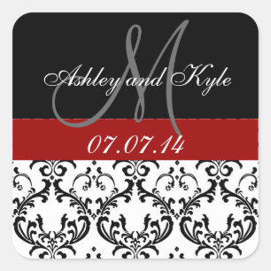 Red Damask Monogram Save the Date Stickers