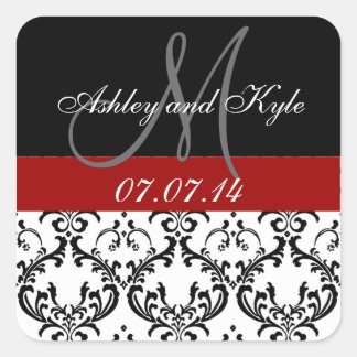 Red Damask Monogram Save the Date Stickers