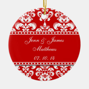 Red Damask Names Date Wedding Ornaments