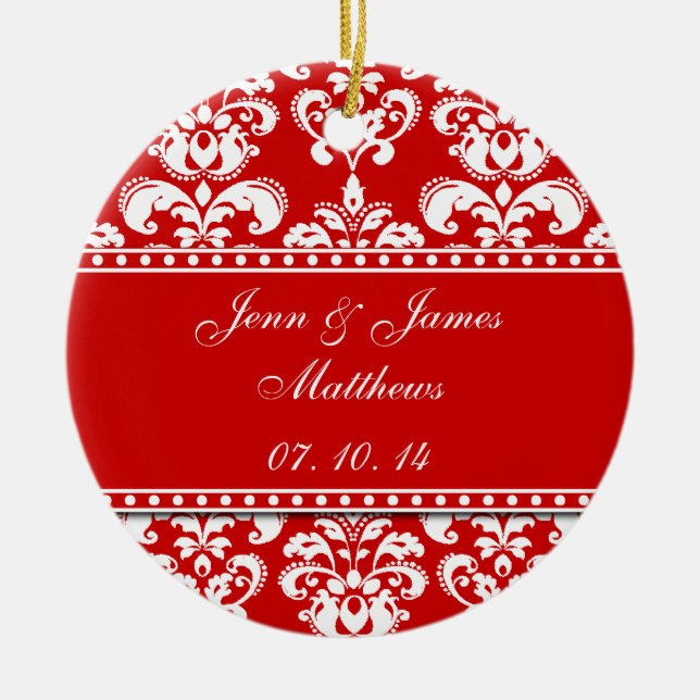 Red Damask Names Date Wedding Ornaments (Front)