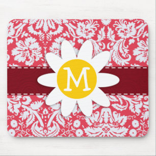 Red Damask Pattern; Daisy Mouse Pad