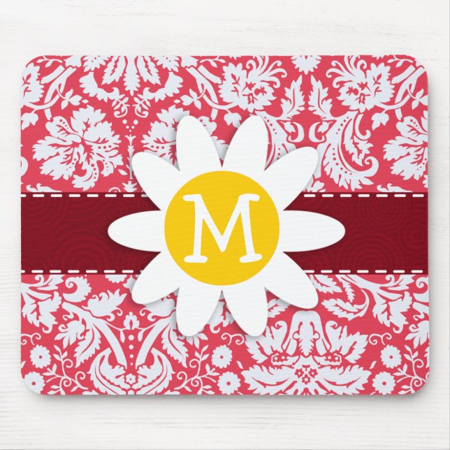 Red Damask Pattern; Daisy Mouse Pad (Front)