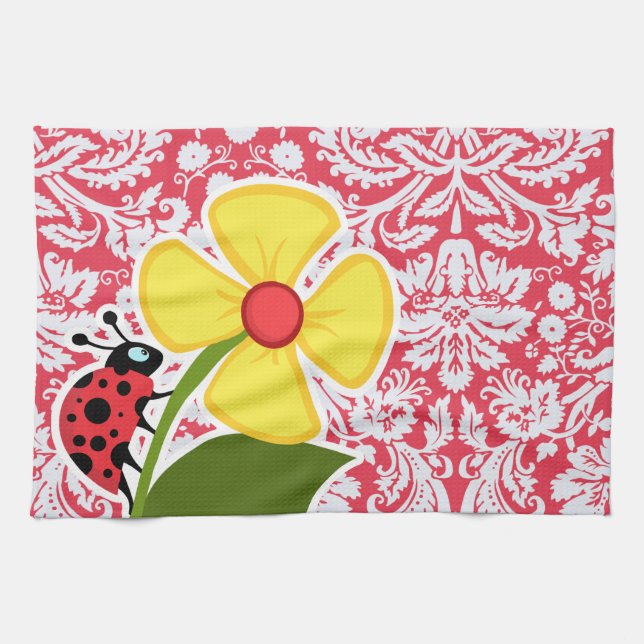 Red Damask Pattern; Ladybug Kitchen Towel (Horizontal)