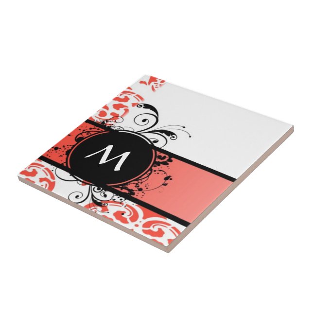 Red damask pattern monogram tile (Side)