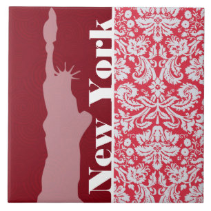 Red Damask Pattern; New York; Statue of Liberty Tile