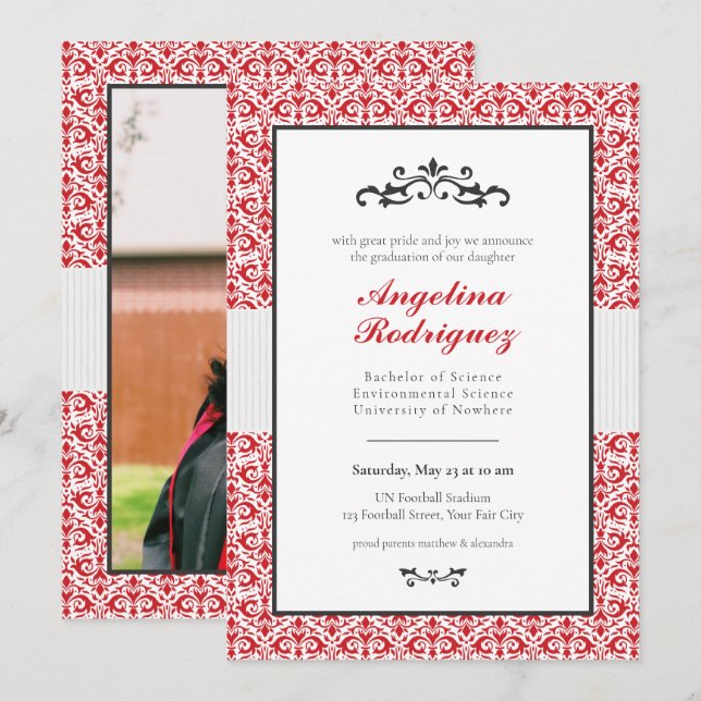 Red Damask Pattern Photo Graduation Invitation (Front/Back)