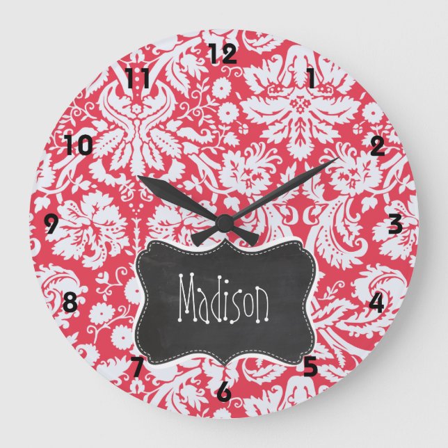 Red Damask Pattern; Vintage Chalkboard Large Clock (Front)