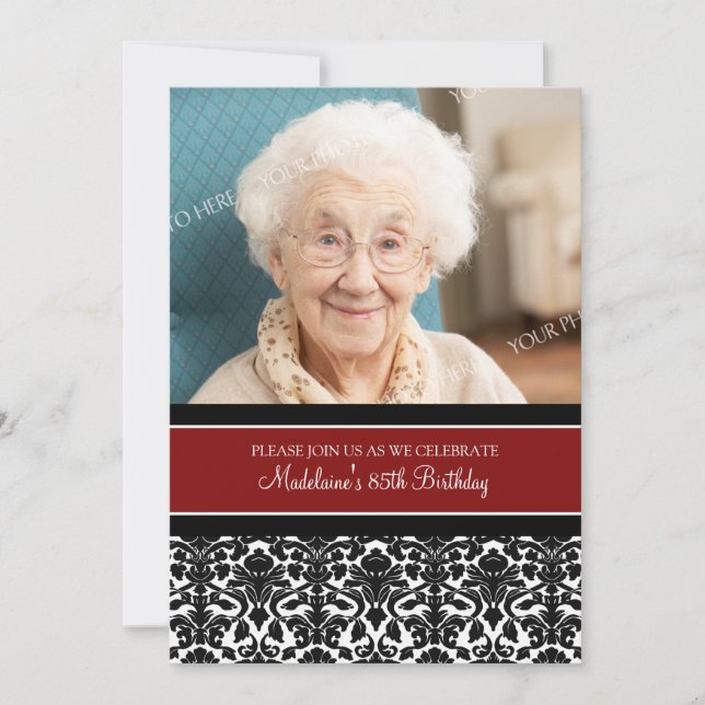 Red Damask Photo 85th Birthday Party Invitations (Front)