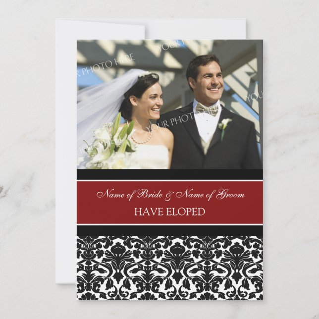 Red Damask Photo Elopement Announcement Cards (Front)