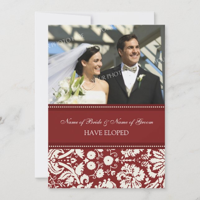 Red Damask Photo Elopement Announcement Cards (Front)