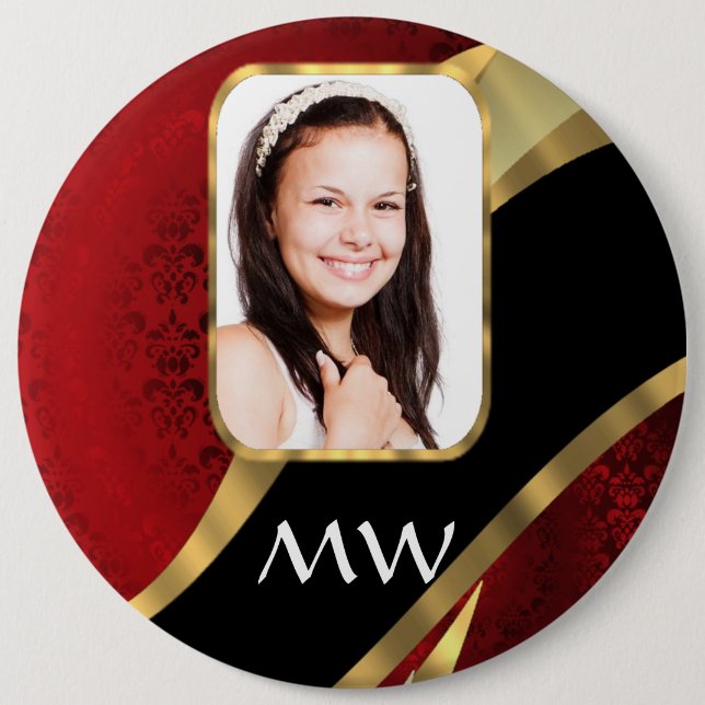 Red damask photo template 6 inch round button (Front)