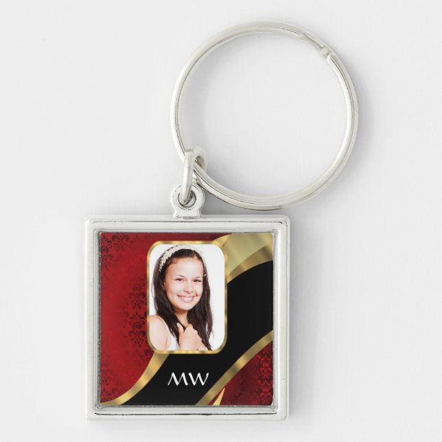 Red damask photo template keychain (Front)
