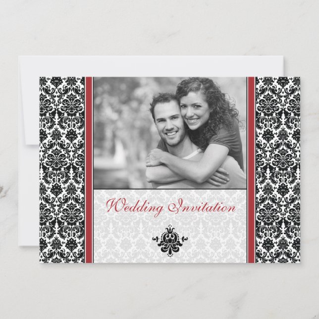 Red Damask Photo Wedding Invitation (Front)