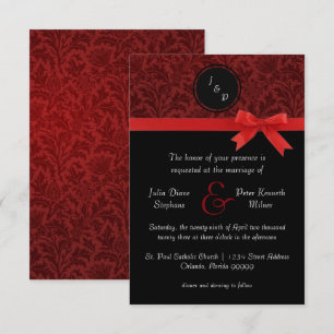 Red Damask & Red Bow - 3x5 Faire-part de mariage