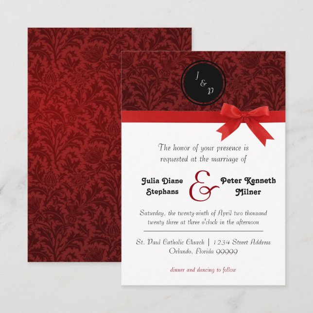 Red Damask & Red Bow - 3x5 Wedding Invitation (Front/Back)