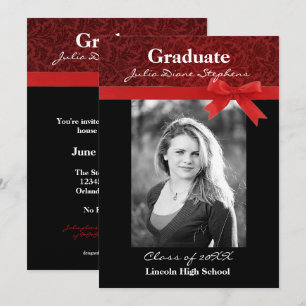 Red Damask & Red Bow - Graduation Announcement