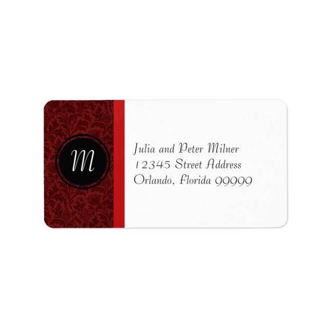Red Damask & Red Bow Monogram - Address Label (Front)